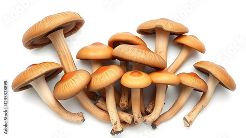 A cluster of tan mushrooms with light brown caps and stems is grouped against a white background photo