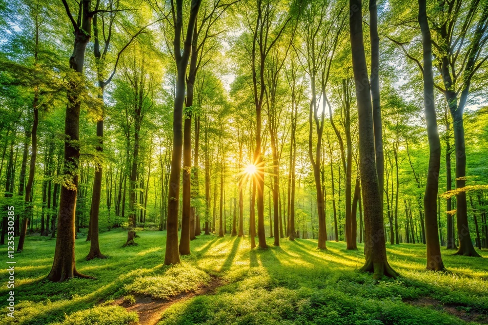Obraz premium Panoramic Forest Landscape with Vibrant Green Trees and Bright Spring Sunshine