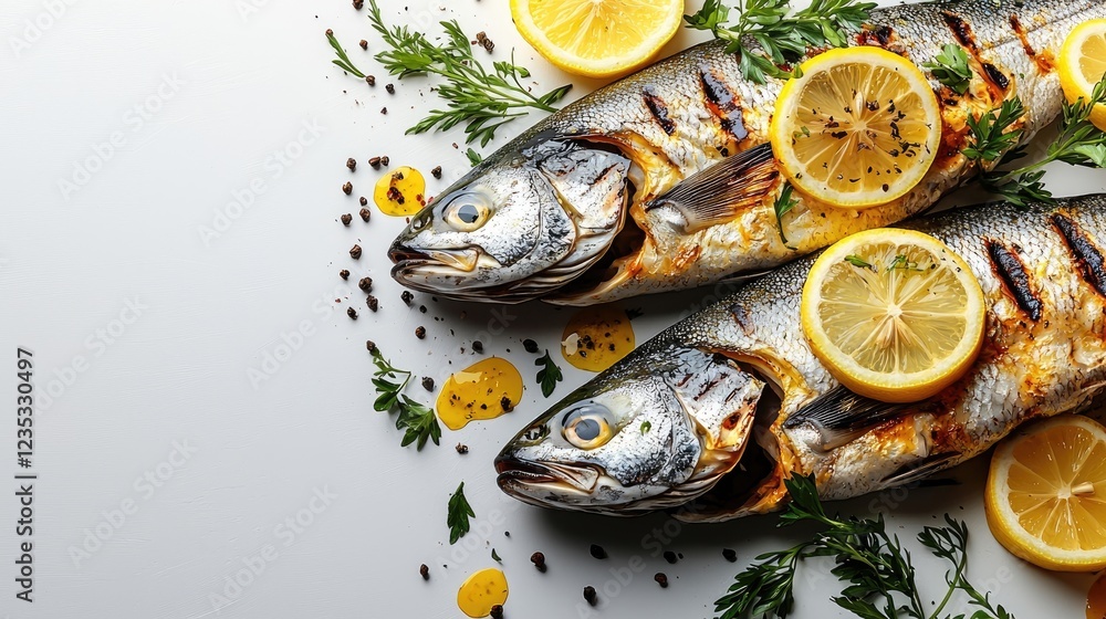 Grilled fish garnished with lemon slices and herbs on a clean white background Grilled fish garnished with lemon slices and herbs on a clean white background