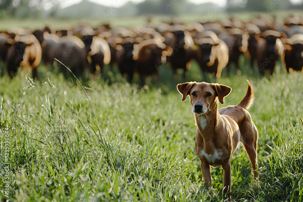 working dog guiding cattle through green pastures