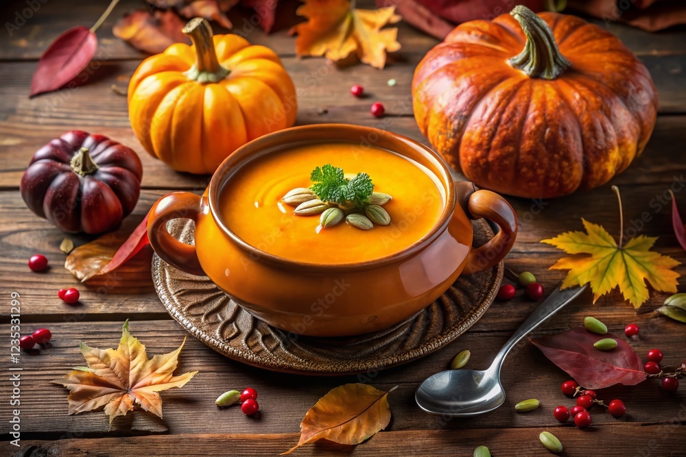Panoramic Velvety Butternut Squash Soup in Pumpkin-Shaped Tureen on Rustic Table Panoramic Velvety Butternut Squash Soup in Pumpkin-Shaped Tureen on Rustic Table