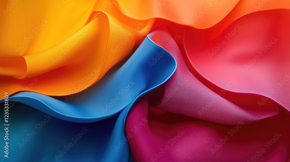 Obraz premium Abstract composition of layered fabric swatches in vibrant colors, gradient background.