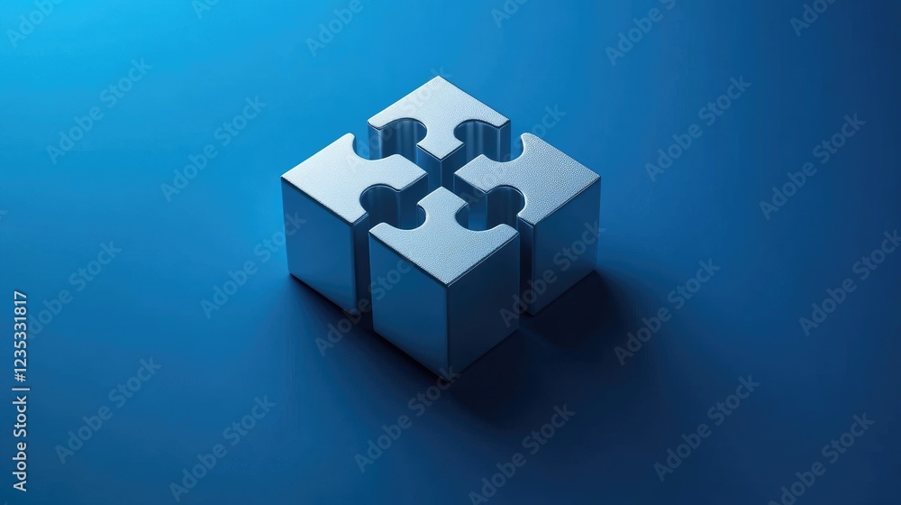 Obraz premium Abstract concept of teamwork visualized with puzzle cubes assembling, electric blue background.
