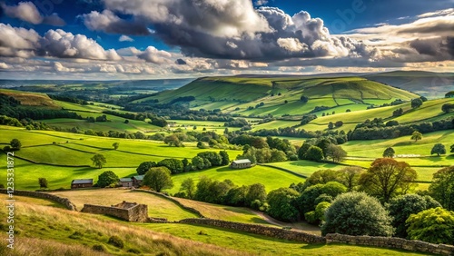 Panoramic View of Farmland, Forest of Bowland, Lancashire, England - Rural Landscape Photography photo