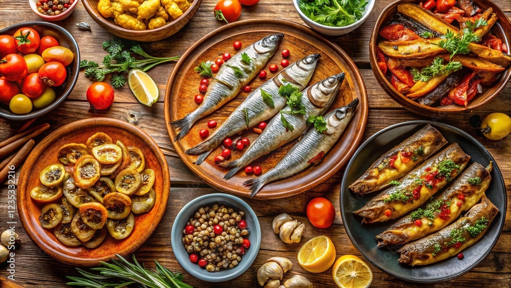 Panoramic View of Sardines Escabeche Served on a Wooden Table Panoramic View of Sardines Escabeche Served on a Wooden Table