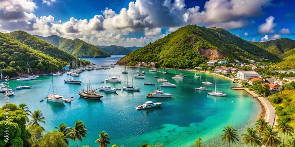 Fototapeta premium Panoramic View of Soper's Hole Marina, British Virgin Islands: Calm Waters, Yachts & Lush Greenery