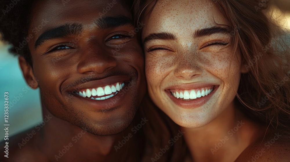 A joyful couple shares an affectionate moment, both smiling brightly, showcasing their connection and happiness against a beautiful outdoor backdrop. A joyful couple shares an affectionate moment, both smiling brightly, showcasing their connection and happiness against a beautiful outdoor backdrop.