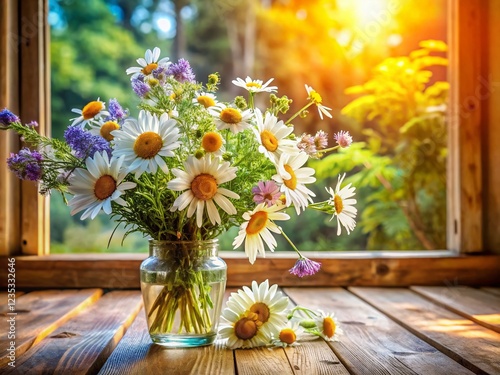 Panoramic Wildflower Bouquet with Daisies on Windowsill Table - Spring Floral Still Life