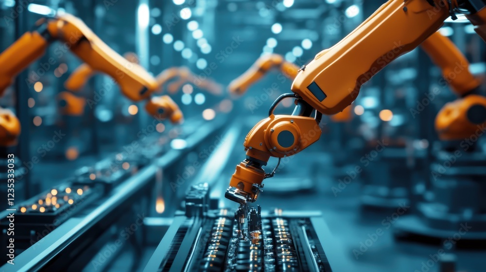 A factory producing steel products with robotic arms in motion. A factory producing steel products with robotic arms in motion.