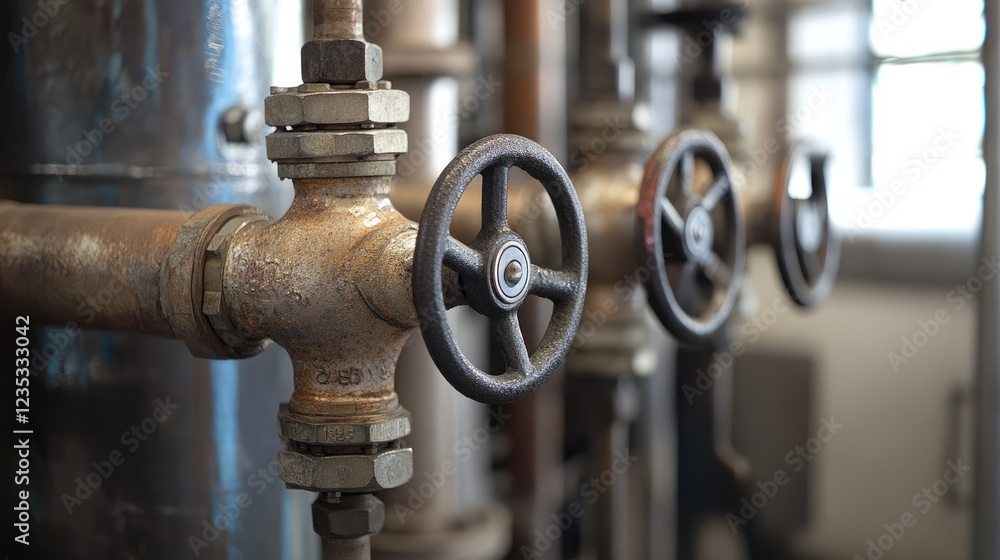 A detailed shot of factory pipes and valves with a metallic sheen. A detailed shot of factory pipes and valves with a metallic sheen.