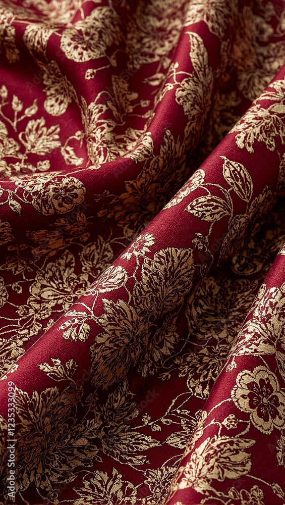 Luxurious burgundy brocade fabric with golden floral patterns macro view Luxurious burgundy brocade fabric with golden floral patterns macro view