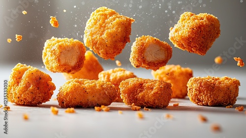 Crispy golden chicken nuggets falling on a light surface with crumbs scattered around