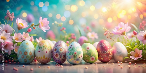 Pastel Easter Background with Floral Decorations and Egg Patterns - Spring Holiday Stock Photo