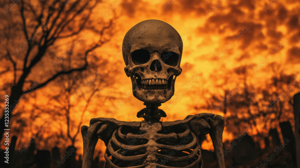 A skeleton stands against a dramatic orange and black sky, creating a spooky ambiance typical of Halloween or eerie settings. A skeleton stands against a dramatic orange and black sky, creating a spooky ambiance typical of Halloween or eerie settings.