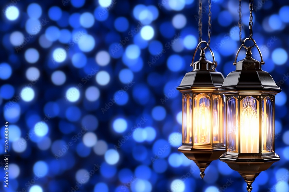 Festive lanterns glowing, blue bokeh background, celebration Festive lanterns glowing, blue bokeh background, celebration