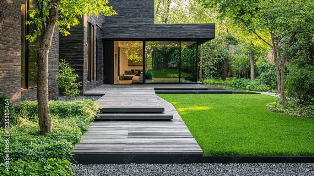 A modern front yard with a combination of grass, gravel, and wooden walkways. A modern front yard with a combination of grass, gravel, and wooden walkways.