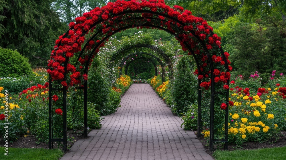 Fototapeta premium A symmetrical garden with red roses and yellow marigolds surrounding a walkway.