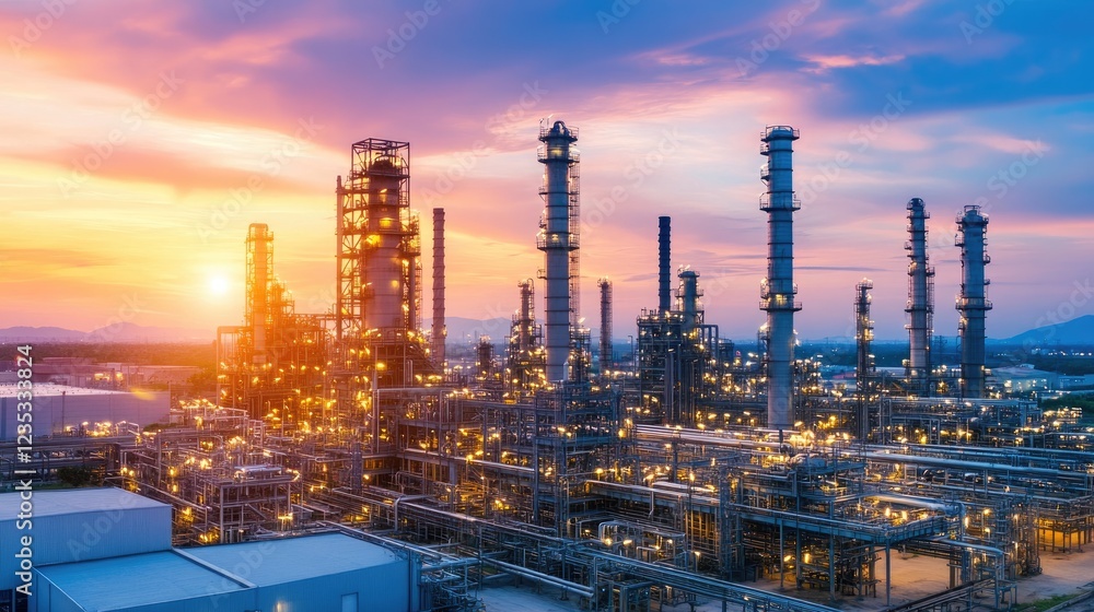 Obraz premium A towering oil refinery with large distillation columns in an industrial zone.