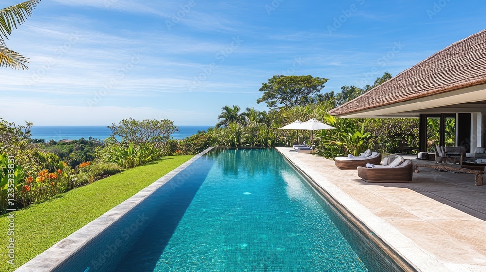 Fototapeta premium A luxury house with a serene outdoor pool surrounded by tropical plants.
