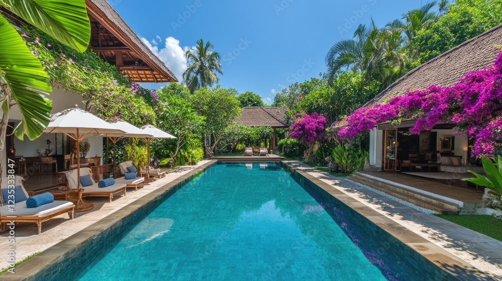 Fototapeta premium A luxury house with a serene outdoor pool surrounded by tropical plants.
