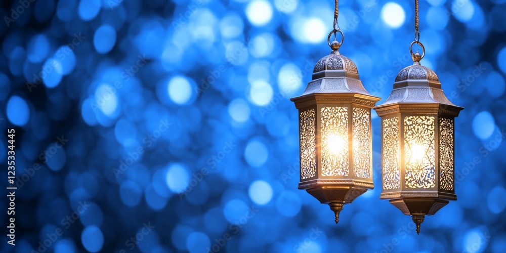 Festive lanterns glow, blue bokeh background, Ramadan Festive lanterns glow, blue bokeh background, Ramadan