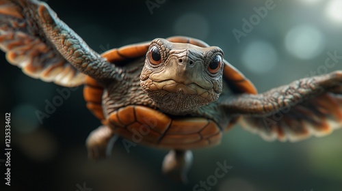 Illustration of a cute turtle, flying or swimming underwater with epic wings