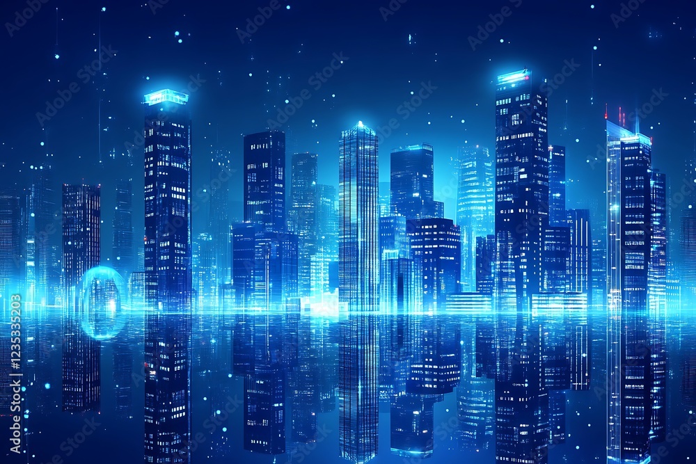 Futuristic cityscape with glowing skyscrapers and reflections in a digital atmosphere. Futuristic cityscape with glowing skyscrapers and reflections in a digital atmosphere.