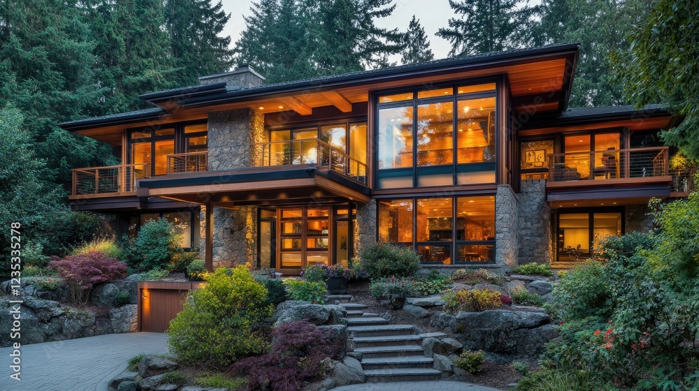 Contemporary house with large glass windows and a modern aesthetic, located in a scenic neighborhood. Contemporary house with large glass windows and a modern aesthetic, located in a scenic neighborhood.