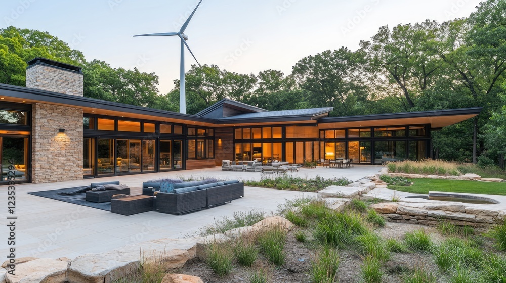 A modern energy-efficient house with a wind turbine in the backyard. A modern energy-efficient house with a wind turbine in the backyard.