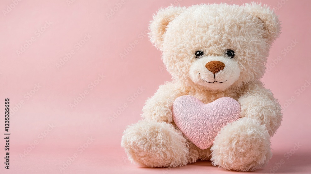 Cute teddy bear holding a heart-shaped cushion, soft pink background. Cute teddy bear holding a heart-shaped cushion, soft pink background.