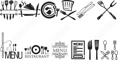 restaurant menu design with cutlery. Catering icon set. Containing fork, spoon, knife, plate, cloche, tray, chef hat, beverage, food, dining table, and waiter. Cutlery or tableware in restaurant. Vect