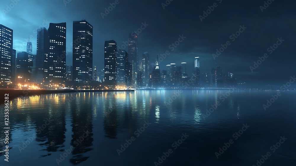 Fototapeta premium Nighttime cityscape reflecting on water, showcasing modern architecture and urban ambiance.