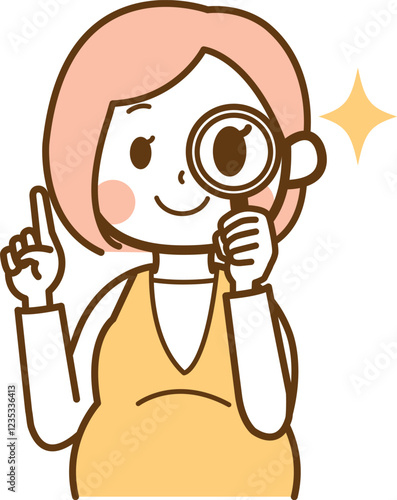 虫眼鏡を持ってチェックする妊娠中の女性のイラスト