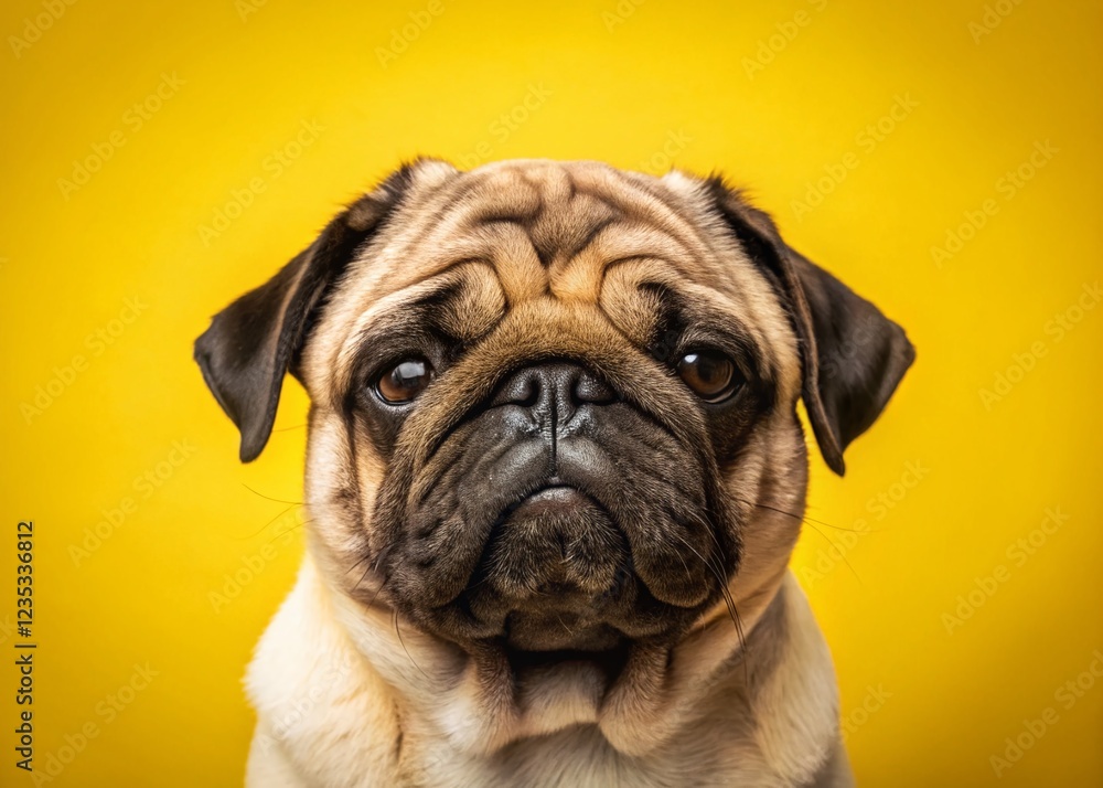 Pug Dog Portrait on Vibrant Yellow Background Pug Dog Portrait on Vibrant Yellow Background