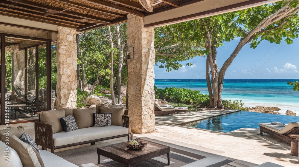 A private beachfront residence with an open-concept floor plan and modern decor. A private beachfront residence with an open-concept floor plan and modern decor.