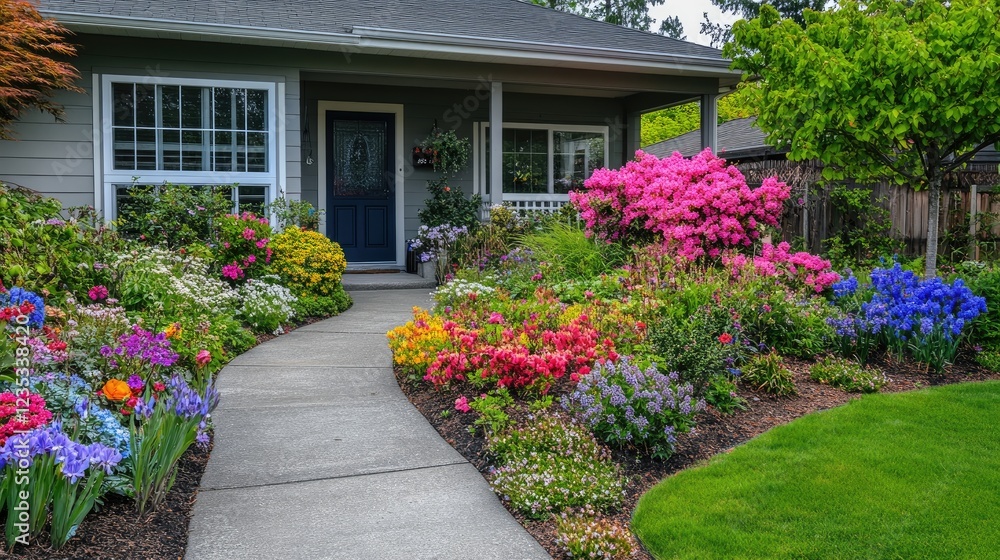 Naklejka premium Lush front yard garden with vibrant blooming flowers, neatly arranged pathways.