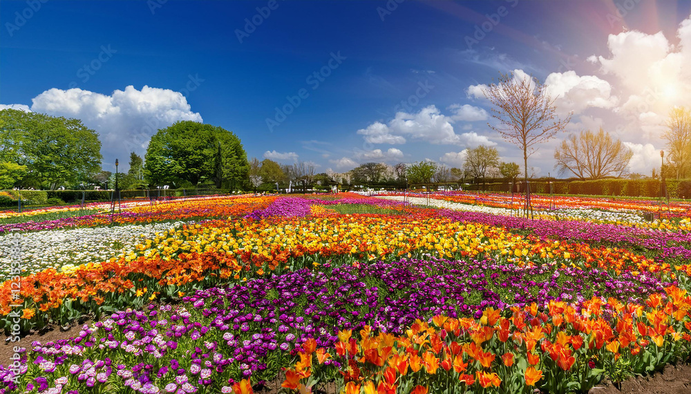 a panoramic flower area underneath a sunny sky presenting a colorful array of blooms best for nature backgrounds and springtime themes a panoramic flower area underneath a sunny sky presenting a colorful array of blooms best for nature backgrounds and springtime themes
