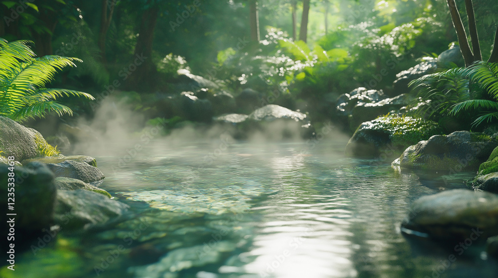 Natural hot spring with steam rising from crystal-clear water, surrounded by moss-covered rocks and ferns, with sunlight filtering through trees and casting dappled light onto the serene surface. Natural hot spring with steam rising from crystal-clear water, surrounded by moss-covered rocks and ferns, with sunlight filtering through trees and casting dappled light onto the serene surface.