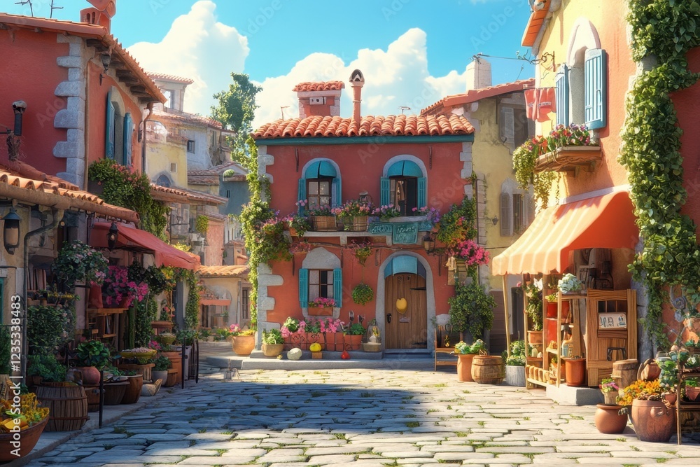 Fototapeta premium A Charming Mediterranean Village Street Scene