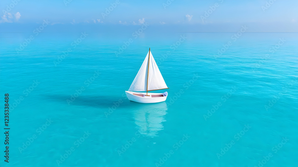 Obraz premium Small sailboat on turquoise ocean, sunny sky. Travel brochure