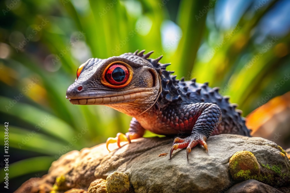 Fototapeta premium Red-Eyed Crocodile Skink Basking on Rock - Detailed Reptile Stock Photo
