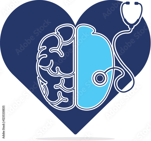 Brain and stethoscope with heart shape vector logo design. Neurology concept logo design.