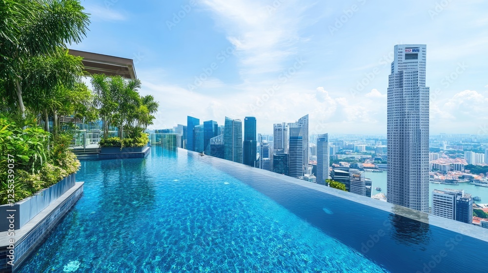 Fototapeta premium A rooftop infinity pool with a city skyline view, offering relaxation and luxury.