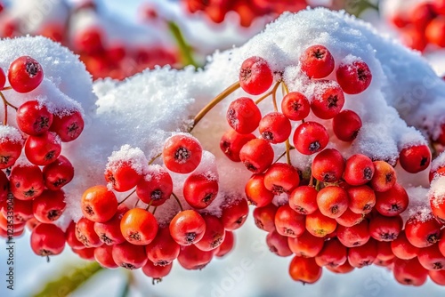 Red Rowan Berries Encased in a Wintery Mantle of Snow photo