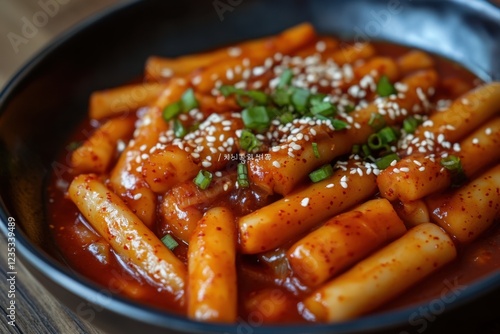 Spicy Tteokbokki Dish Topped With Sesame Seeds and Green Onions photo