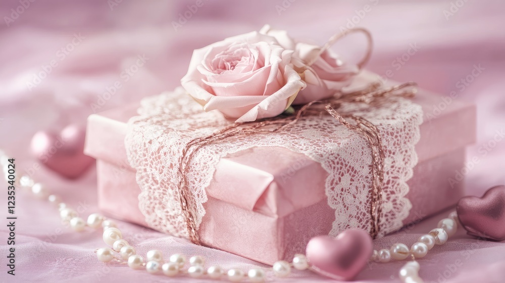 Neatly wrapped Valentine's gift with lace and pearls, soft pink background. Neatly wrapped Valentine's gift with lace and pearls, soft pink background.