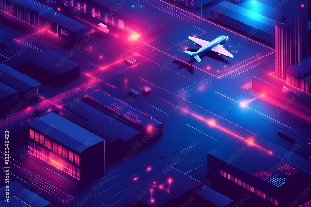 Isometric Cityscape: Airplane on Neon-Lit Grid, Futuristic Urban Network. Isometric Cityscape: Airplane on Neon-Lit Grid, Futuristic Urban Network.