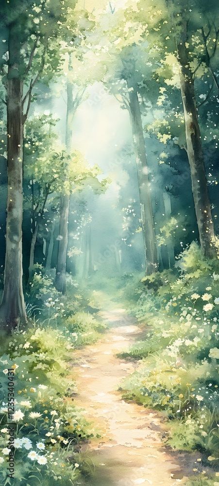 Obraz premium A soft watercolor painting of a forest path, with sunlight streaming through the trees