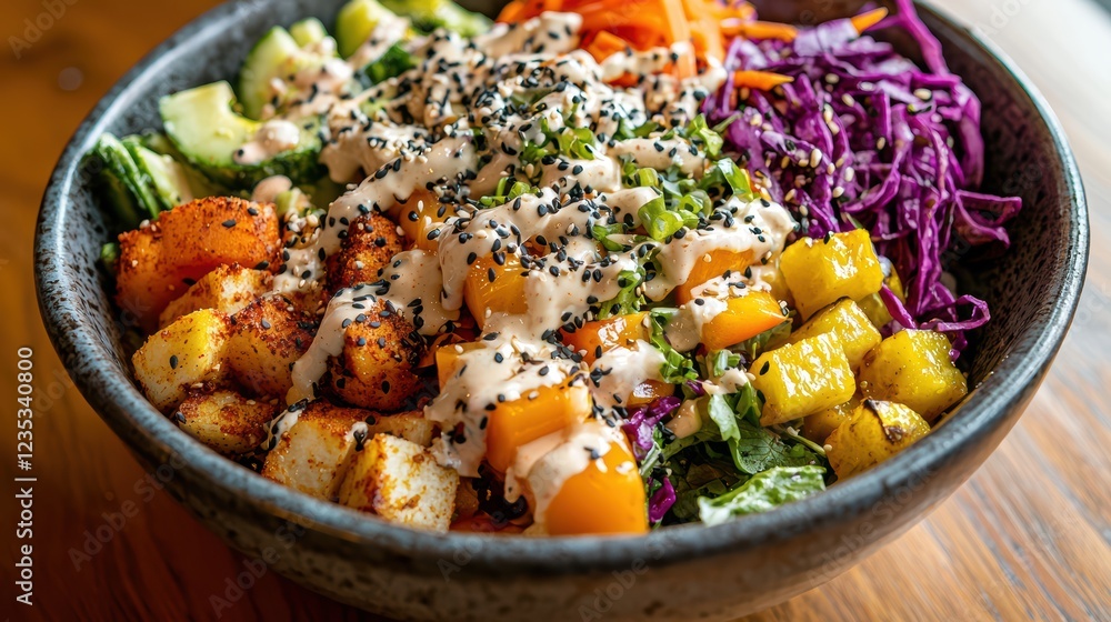 Fresh Colorful Salad Bowl with Dressing and Various Vegetables Fresh Colorful Salad Bowl with Dressing and Various Vegetables