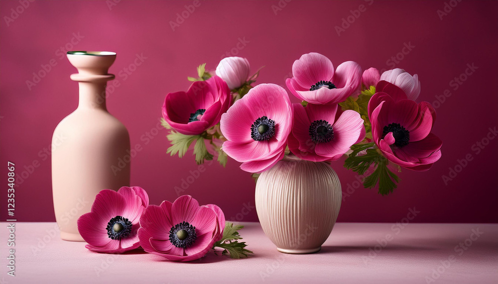 light crimson anemone flowers on a crimson history with vase and bottle low angle light crimson anemone flowers on a crimson history with vase and bottle low angle